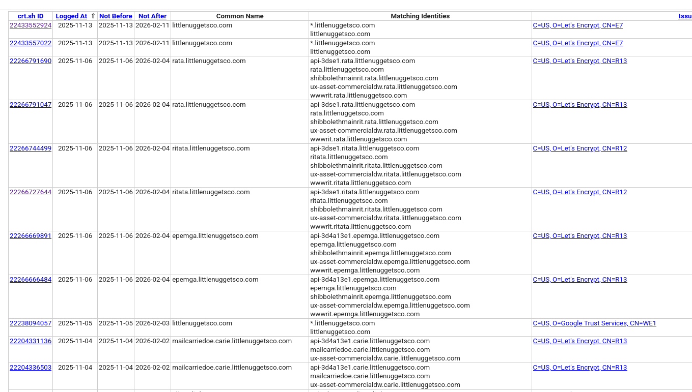 crt.sh search results showing the attacker infrastructure