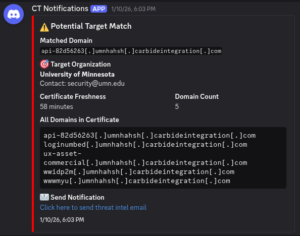 Discord alert showing an attack against UMN