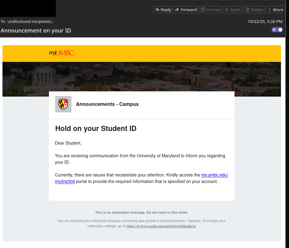 Screenshot of the second phishing email
